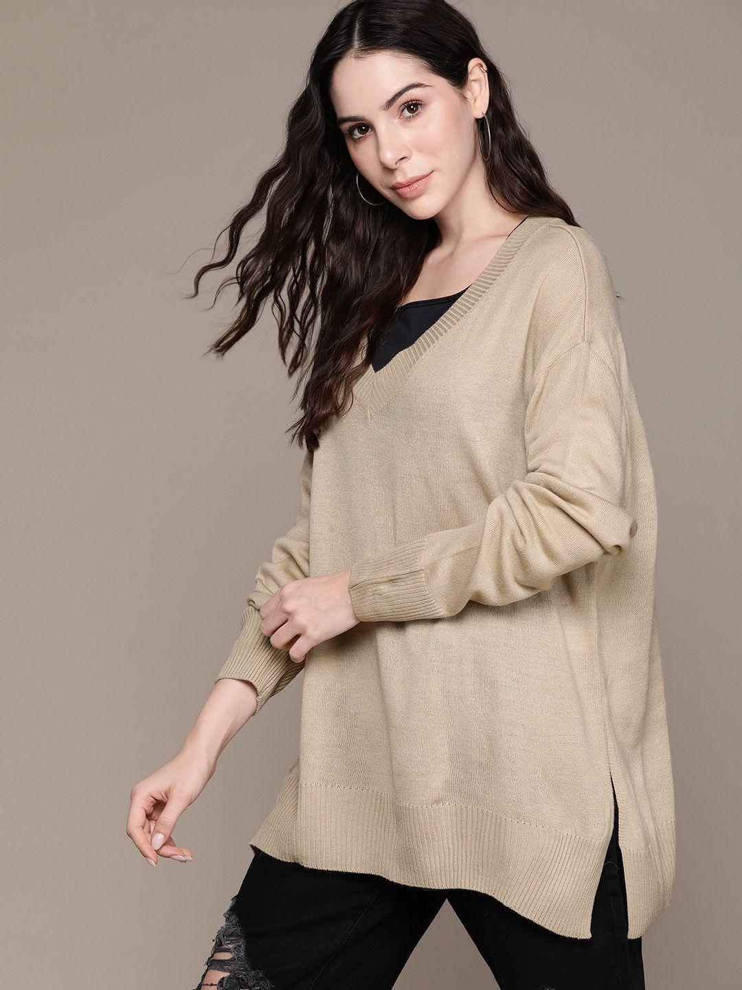 the roadster lifestyle co. v-neck full sleeves longline pullover