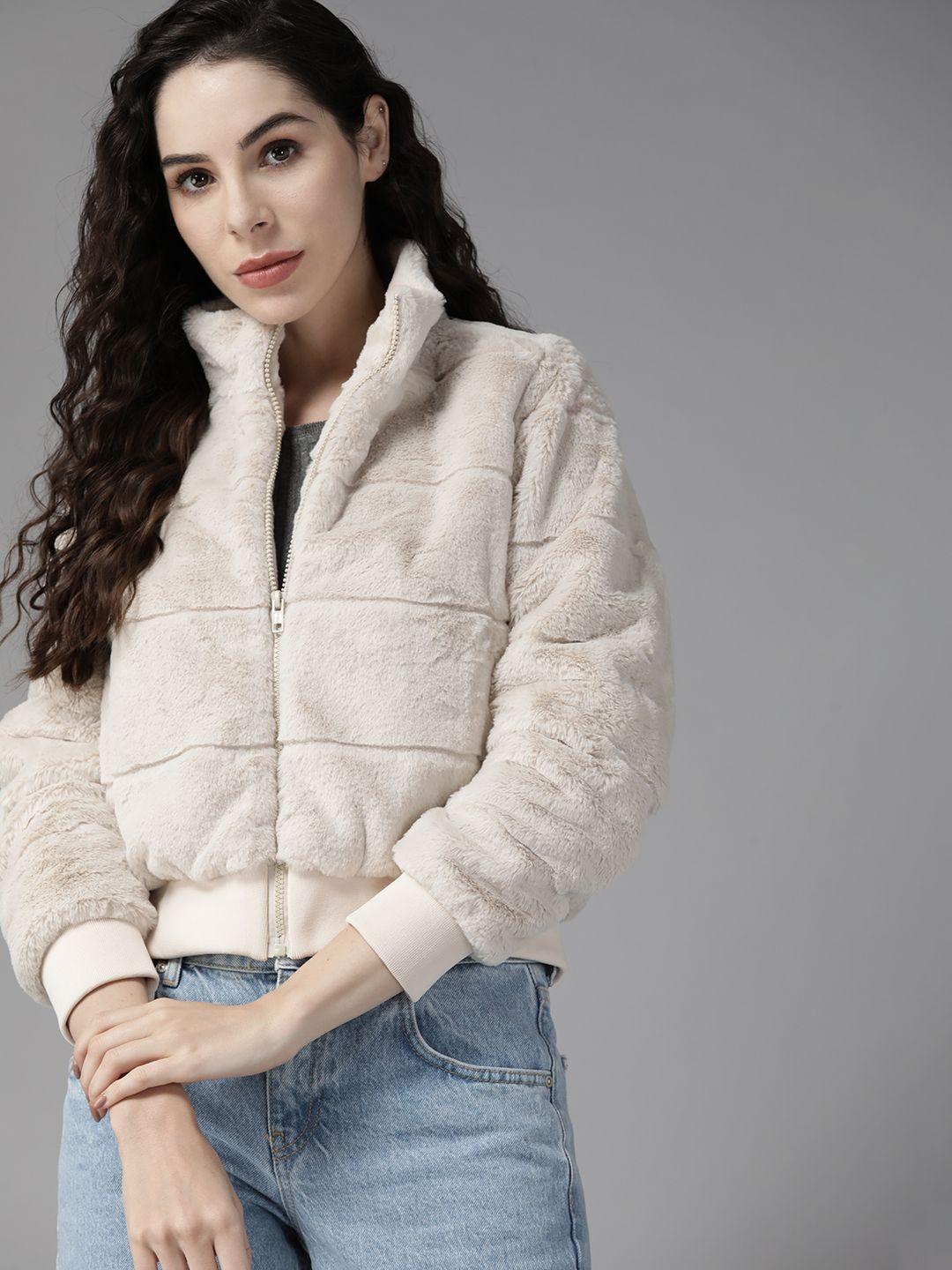 the roadster lifestyle co. women beige solid faux fur tailored jacket