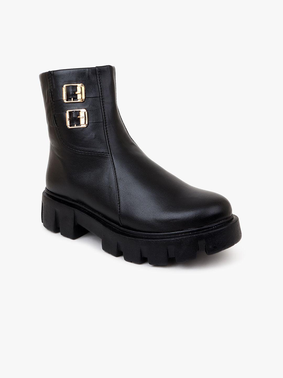 the roadster lifestyle co. women black heeled buckled mid-top chunky boots