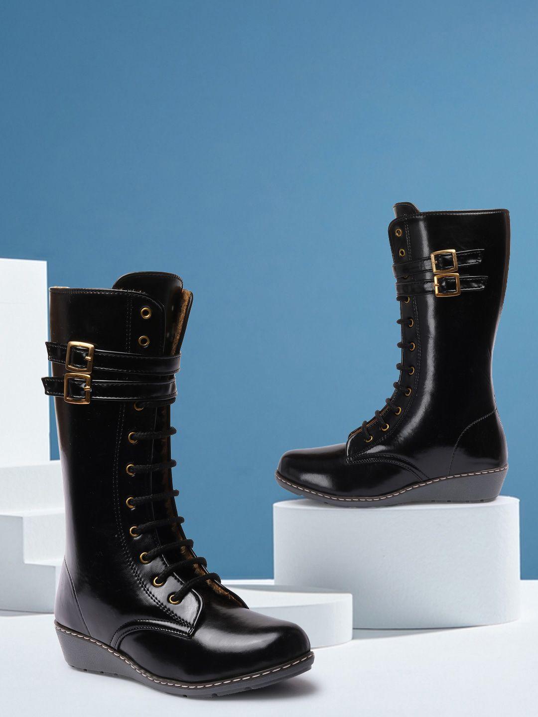 the roadster lifestyle co. women black high top wedges winter boots with buckle detail