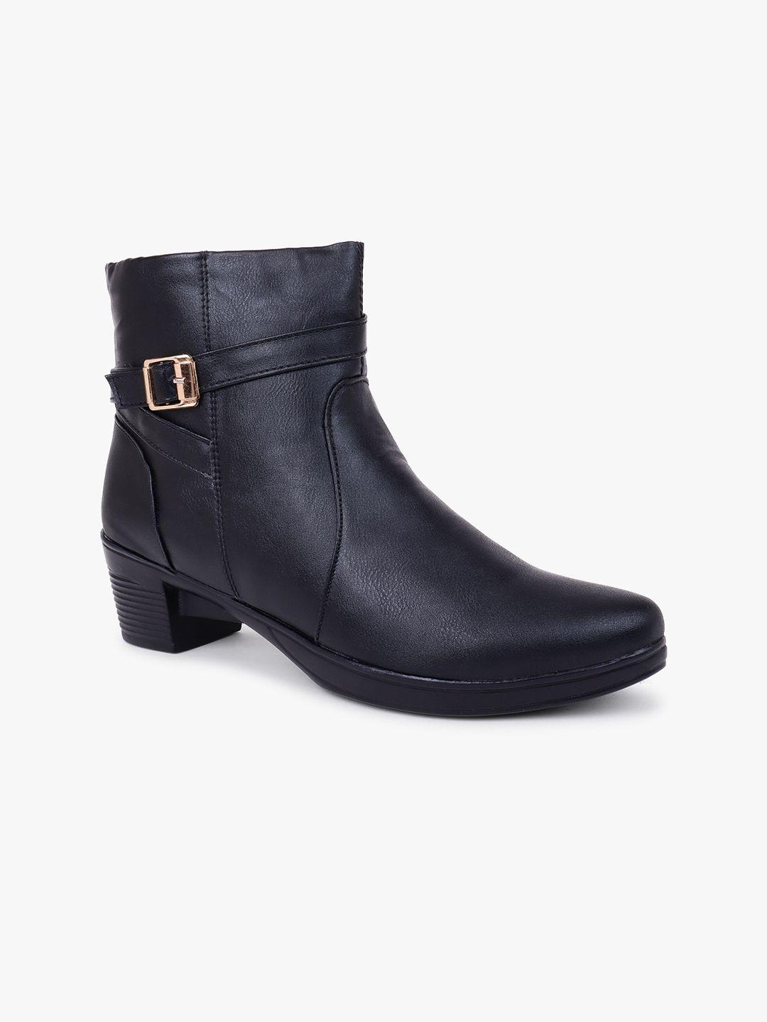 the roadster lifestyle co. women black mid top block heel chunky boots with buckle detail