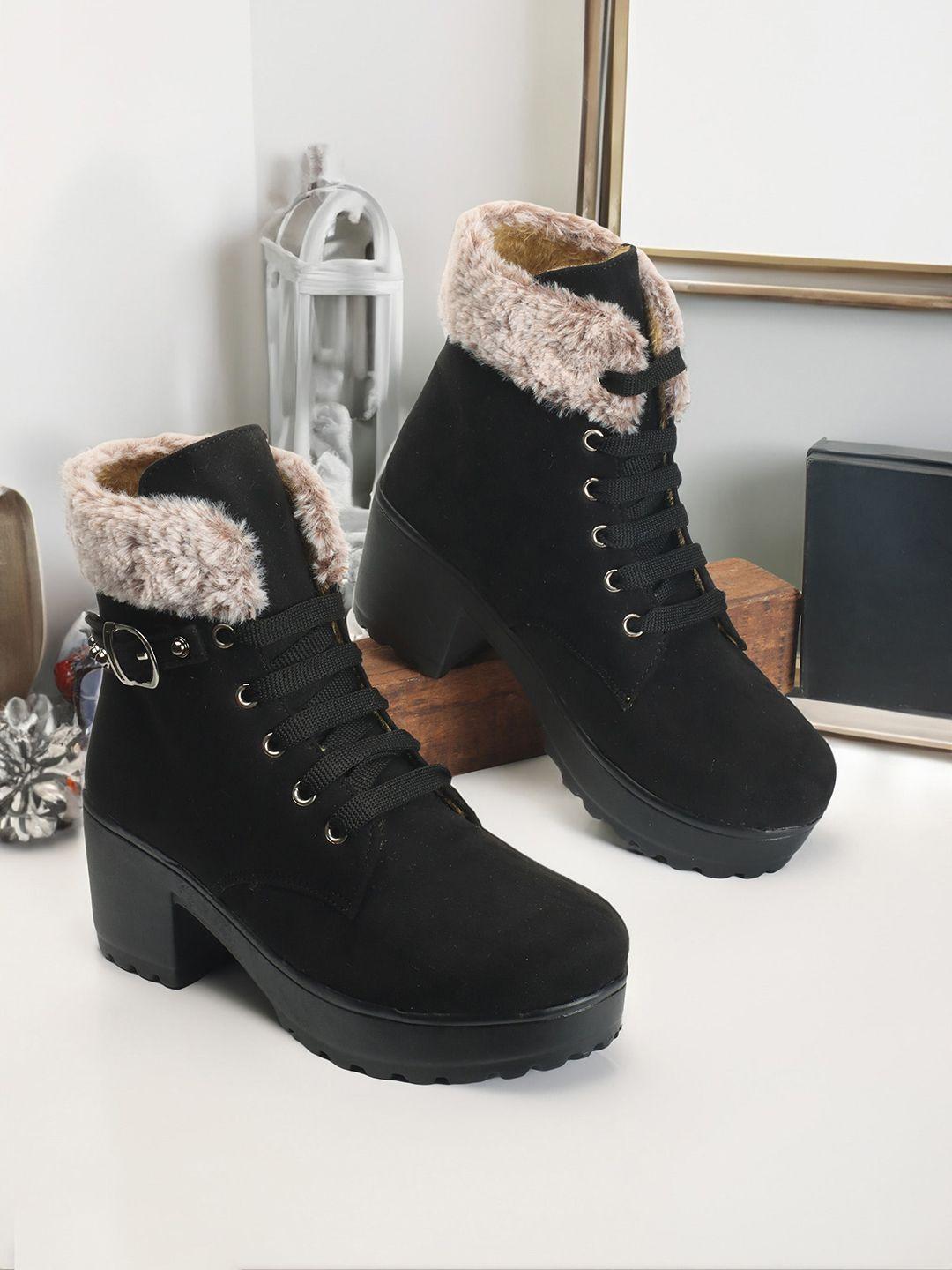 the roadster lifestyle co. women black mid-top platform heel winter boots & buckle detail