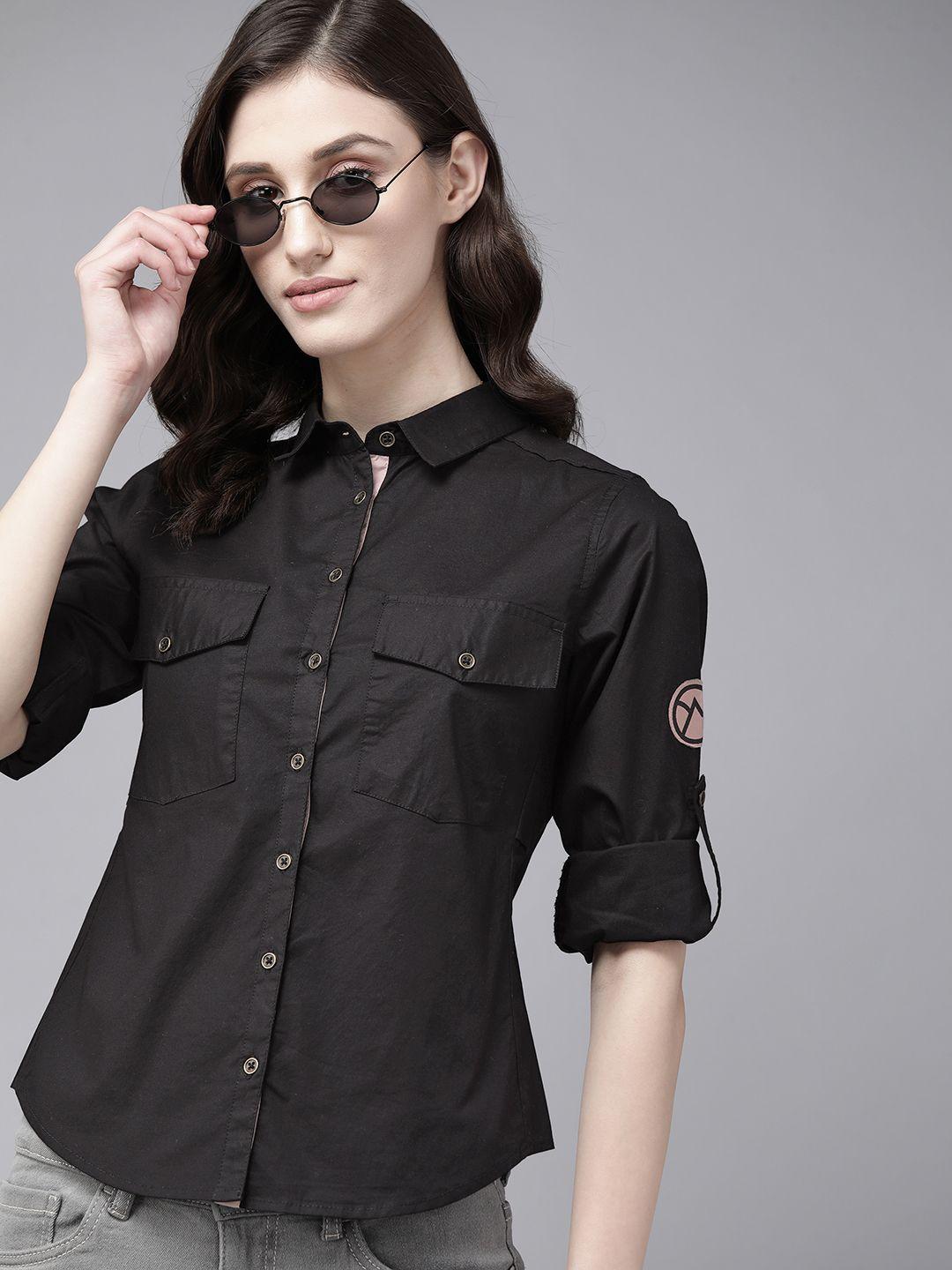 the roadster lifestyle co. women black solid stretchable casual shirt