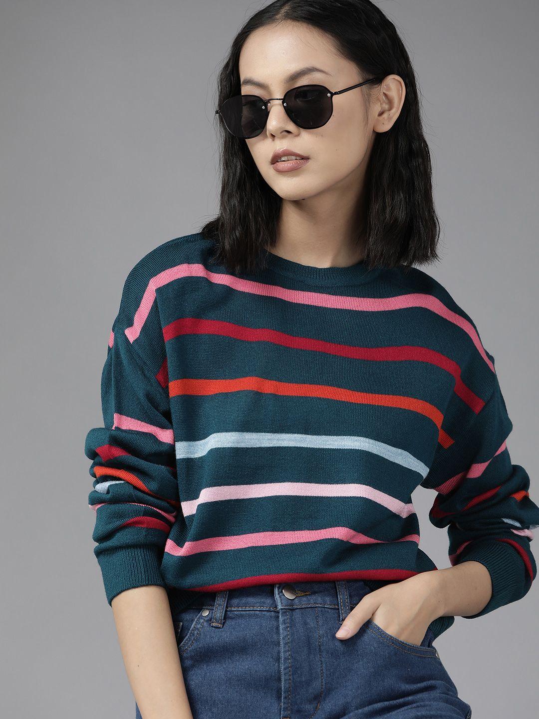 the roadster lifestyle co. women blue & pink striped pullover