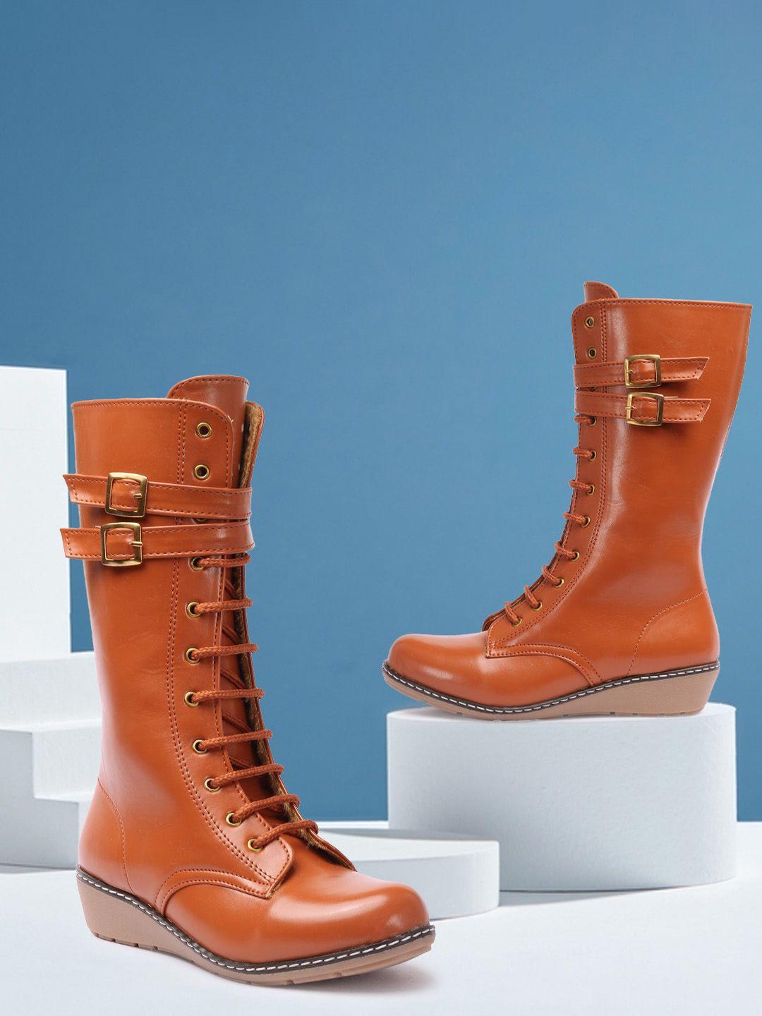 the roadster lifestyle co. women brown high top wedges winter boots with buckle detail