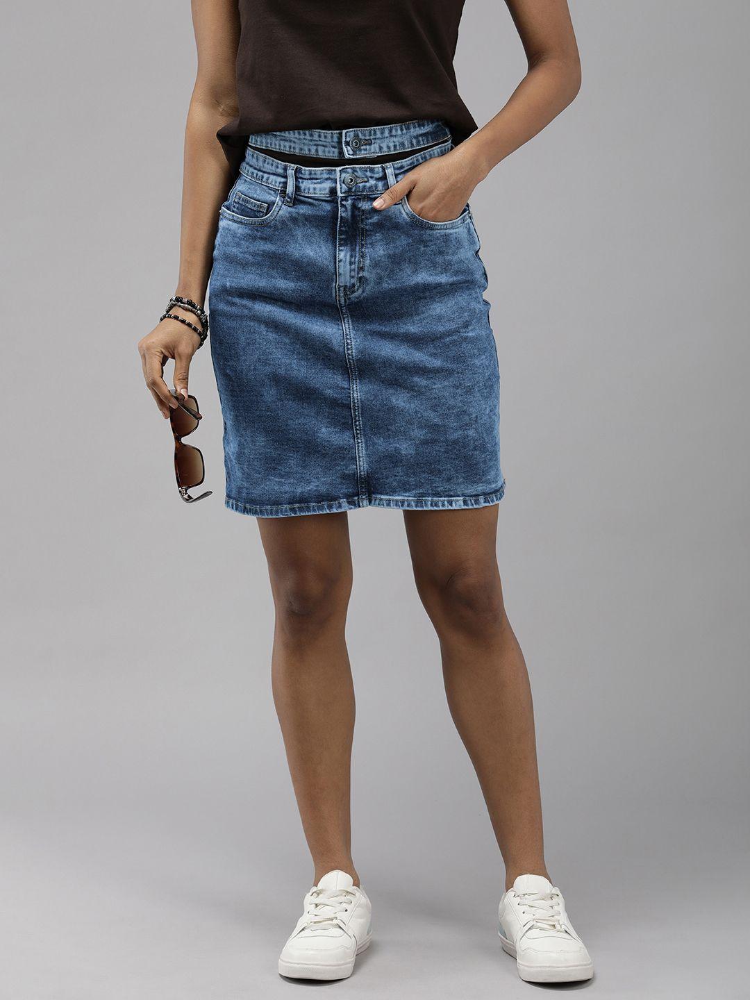 the roadster lifestyle co. women denim straight skirt with cut out detailing
