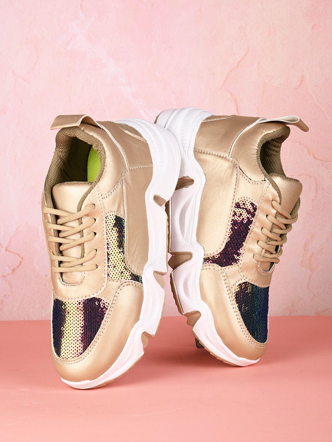 the roadster lifestyle co. women gold-toned & white embellished lightweight sneakers