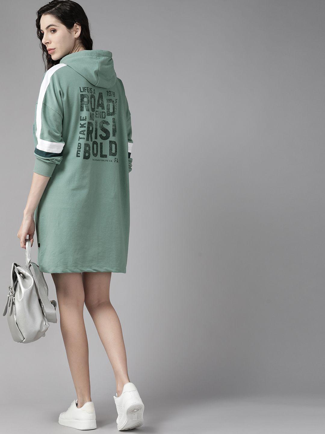 the roadster lifestyle co. women green printed hooded jumper dress