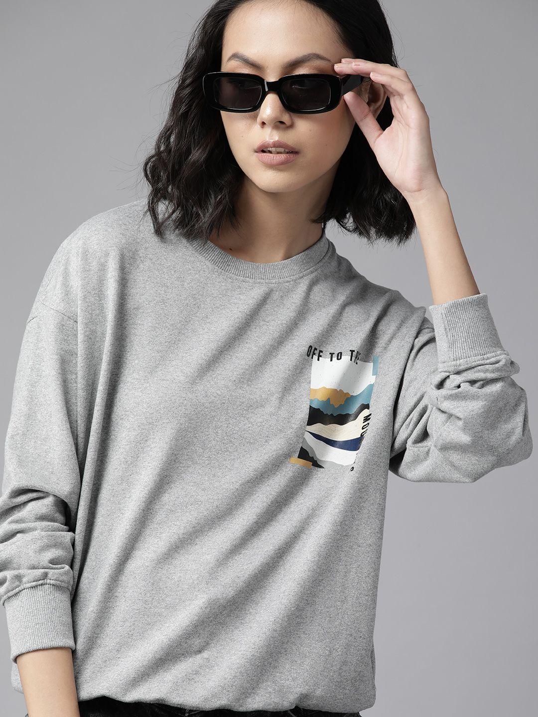 the roadster lifestyle co. women grey melange printed detail oversized sweatshirt
