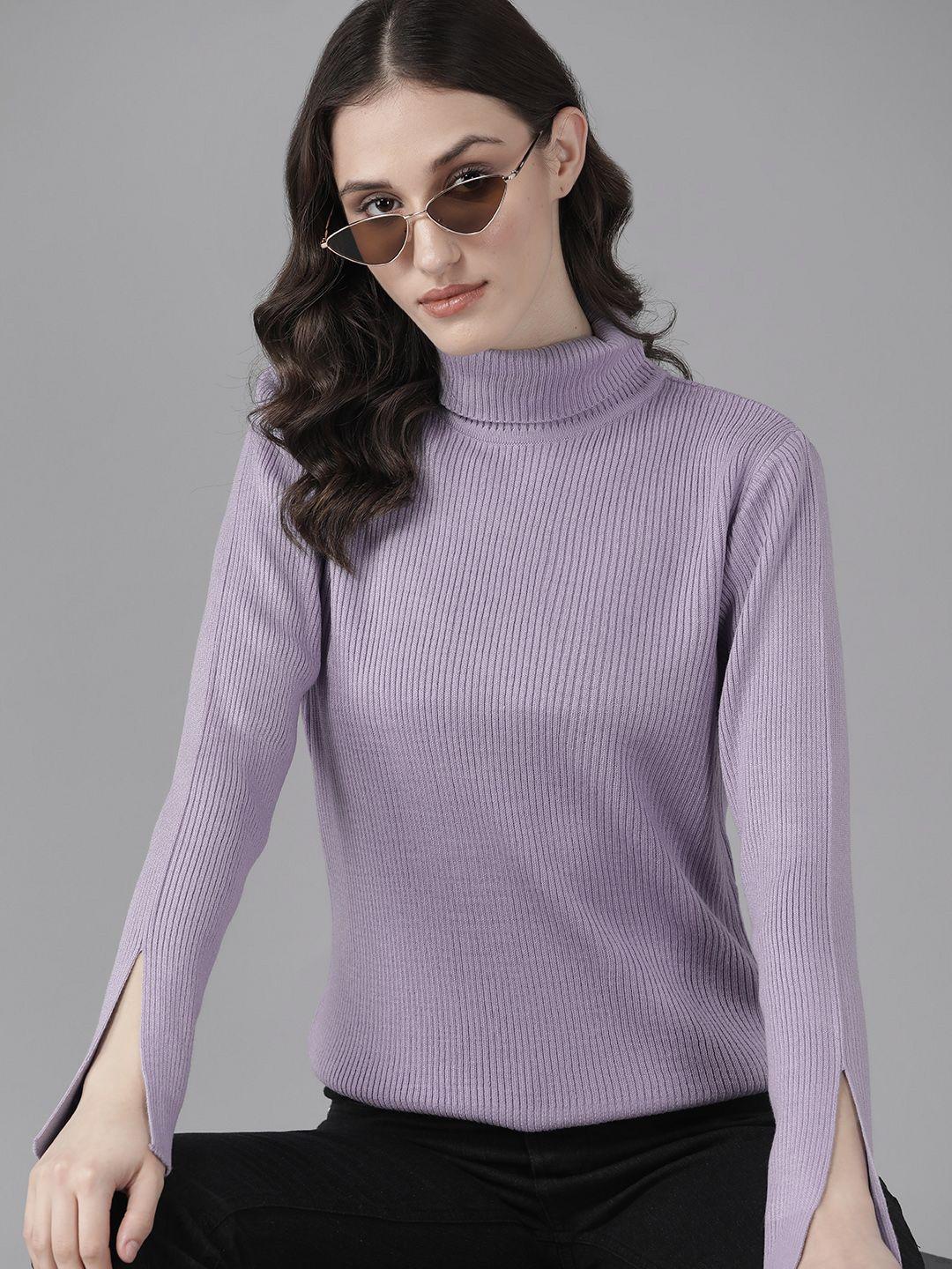 the roadster lifestyle co. women lavender solid turtle neck pullover with slit sleeves