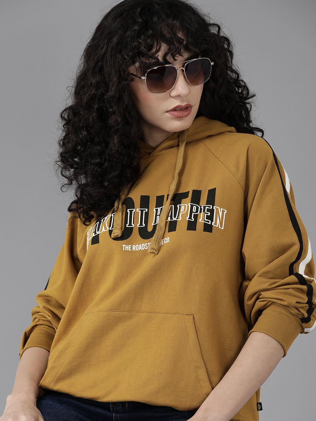 the roadster lifestyle co. women mustard brown & black printed oversized hooded sweatshirt