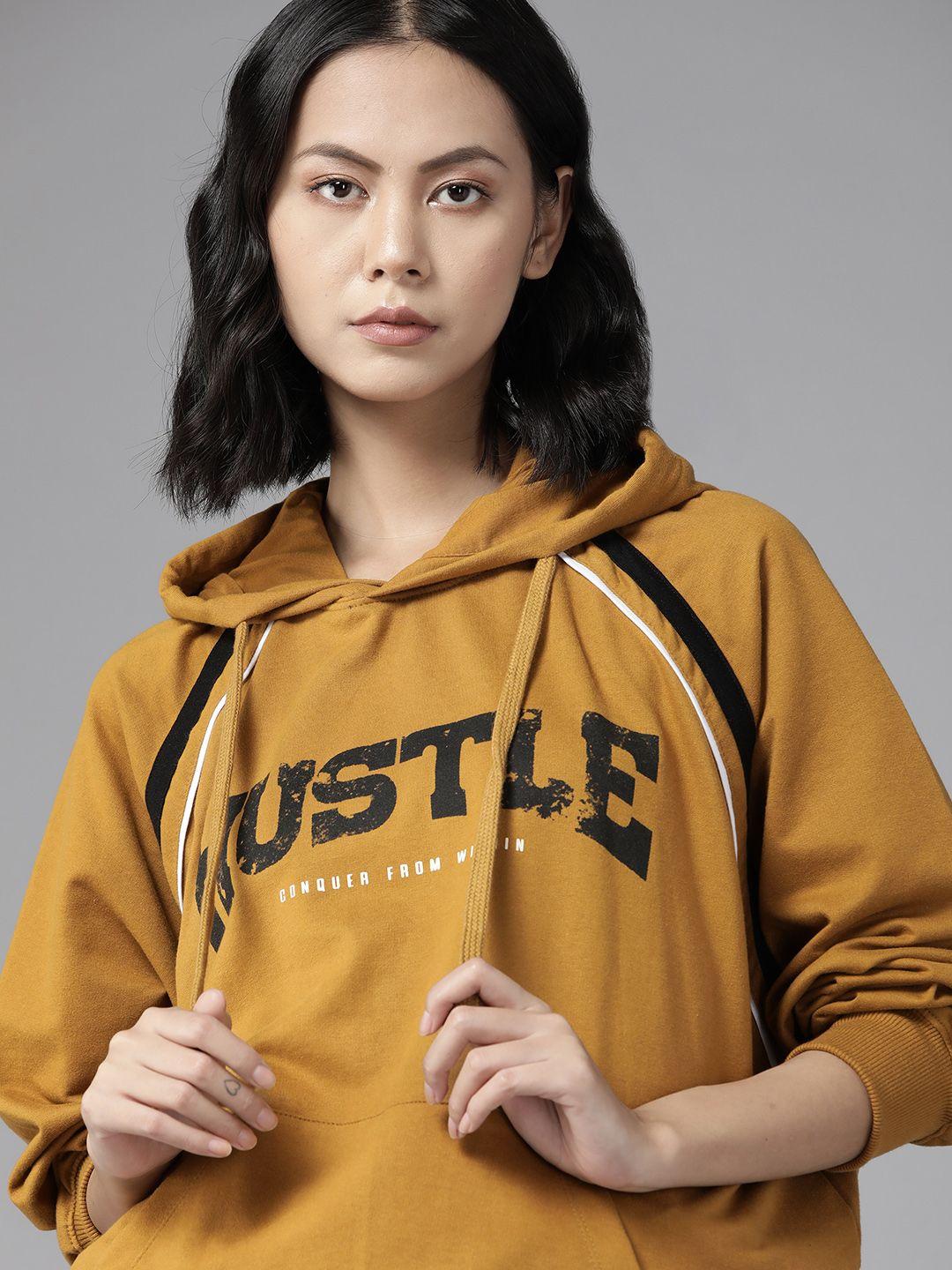 the roadster lifestyle co. women mustard brown typography printed hooded sweatshirt