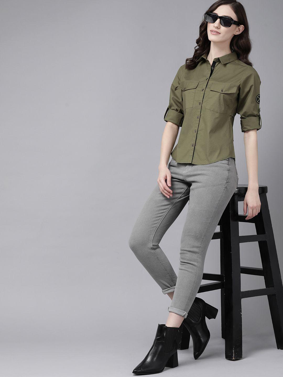 the roadster lifestyle co. women olive green solid stretchable casual shirt