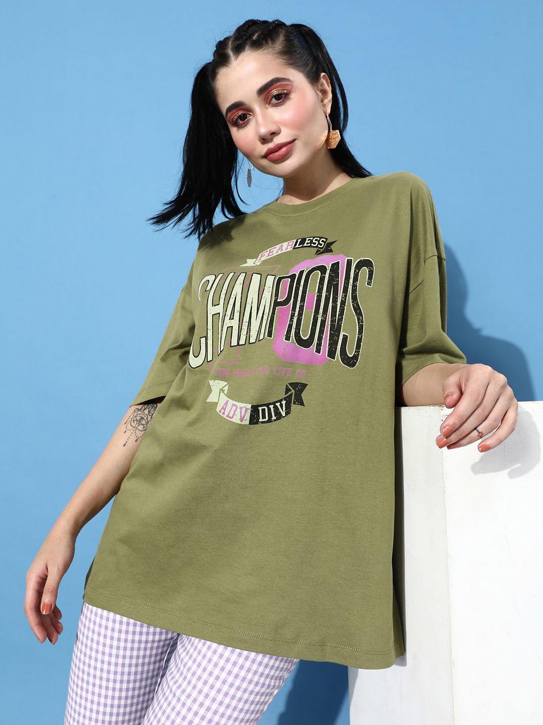 the roadster lifestyle co. women olive green typography printed t-shirt