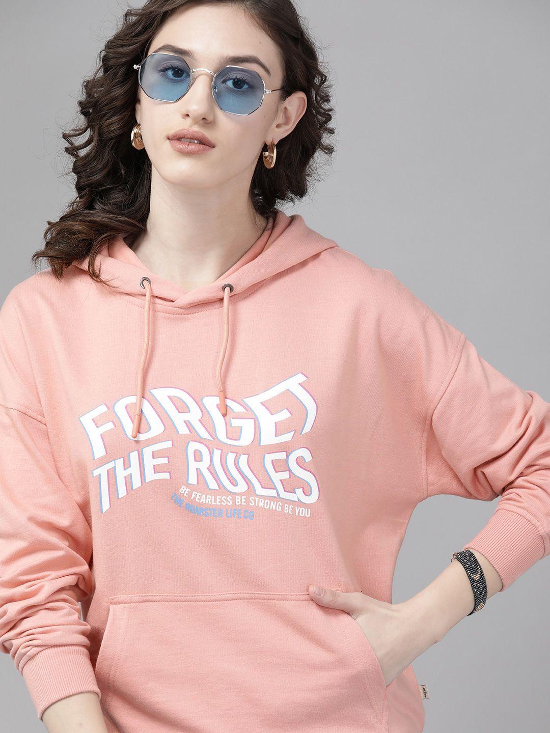 the roadster lifestyle co. women peach-coloured printed hooded sweatshirt