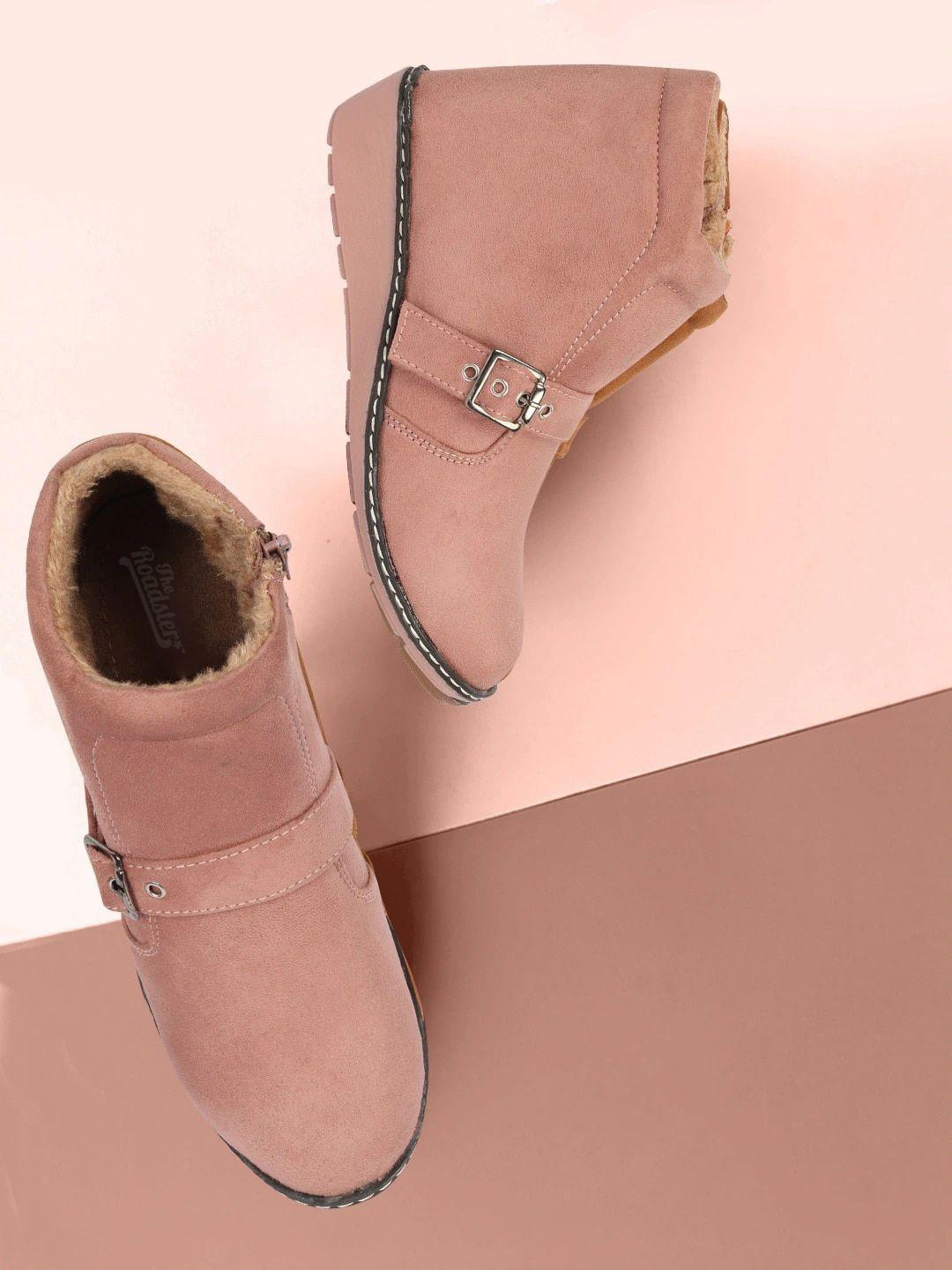 the roadster lifestyle co. women pink mid top regular boots with buckle detail