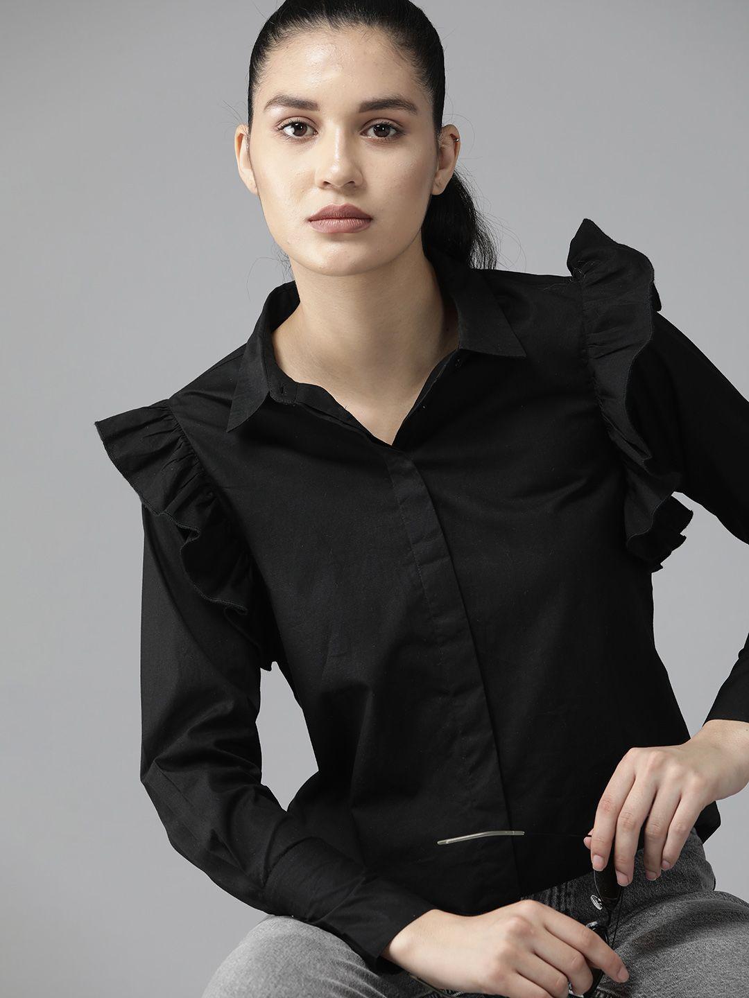 the roadster lifestyle co. women pure cotton solid ruffles casual shirt