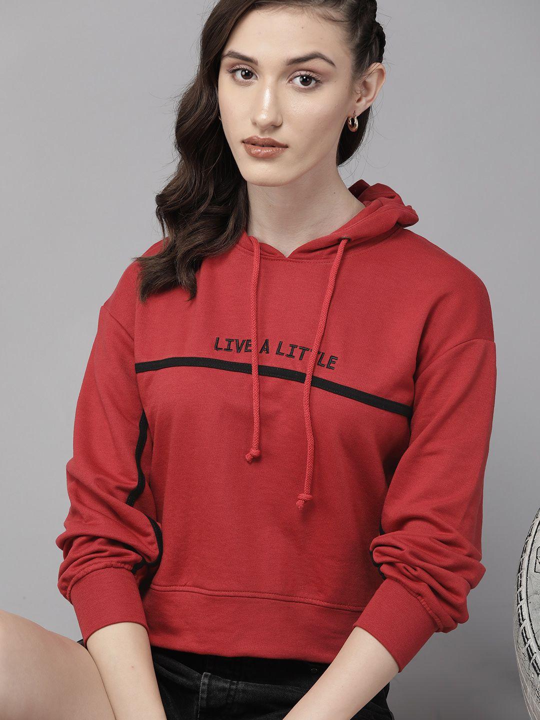 the roadster lifestyle co. women red & black printed hooded sweatshirt