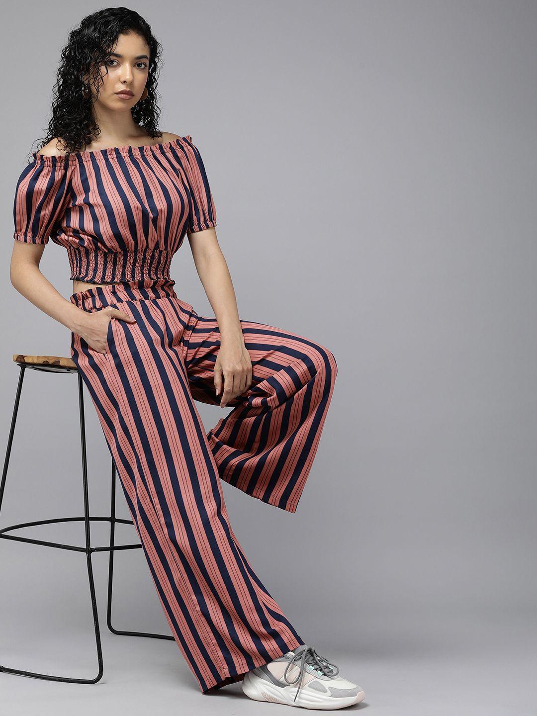 the roadster lifestyle co. women striped off-shoulder crop top with trousers co-ords set