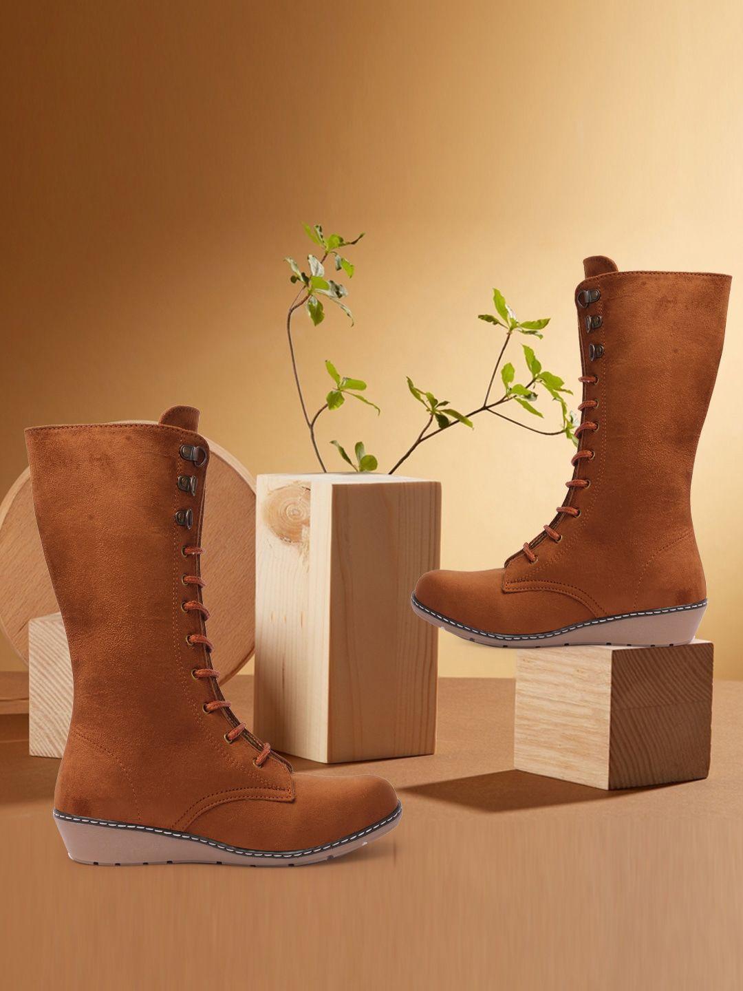 the roadster lifestyle co. women tan brown mid top suede faux fur trim wedges winter boots