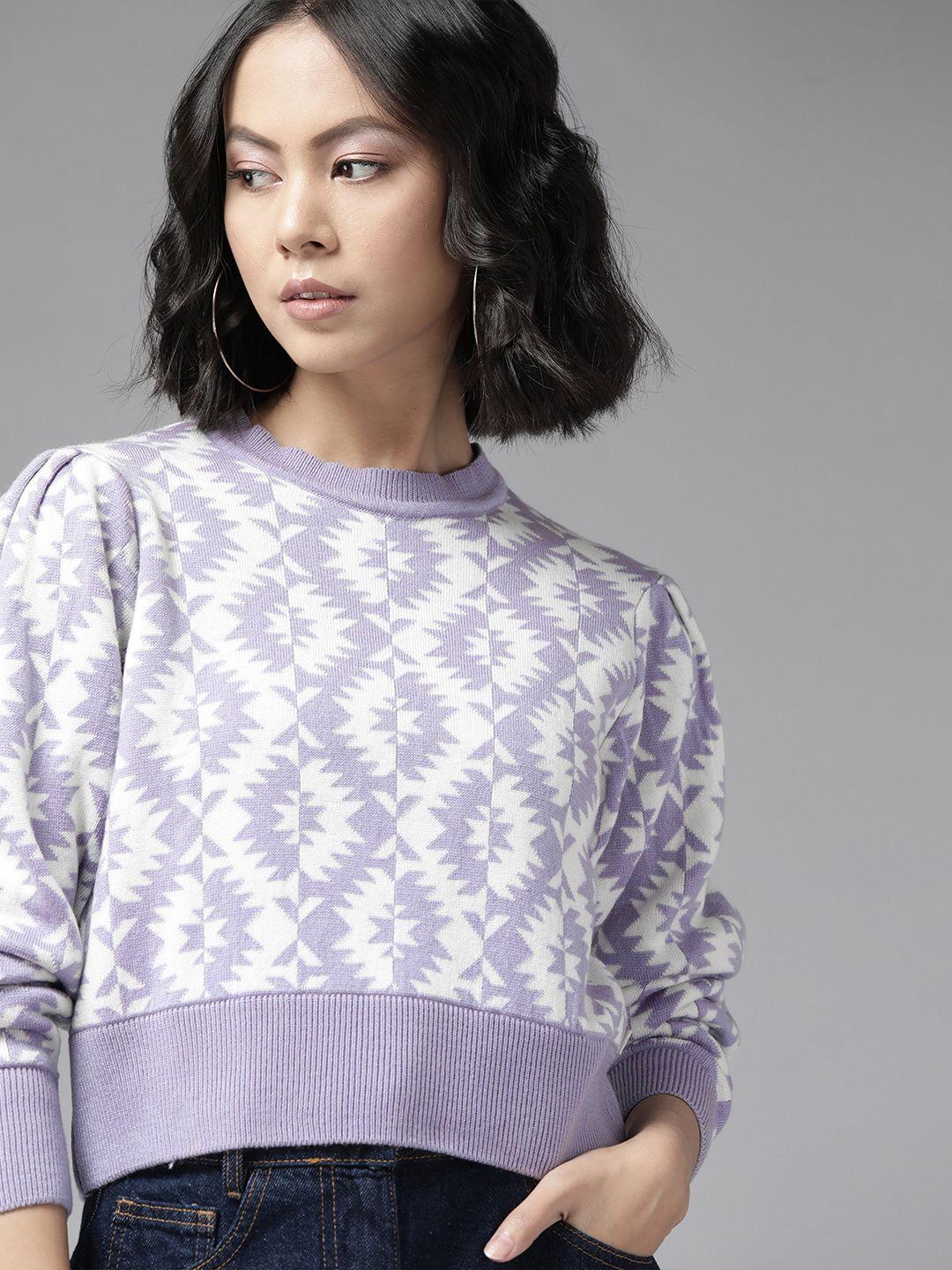 the roadster lifestyle co. women white & lavender geometric pattern puff sleeves pullover