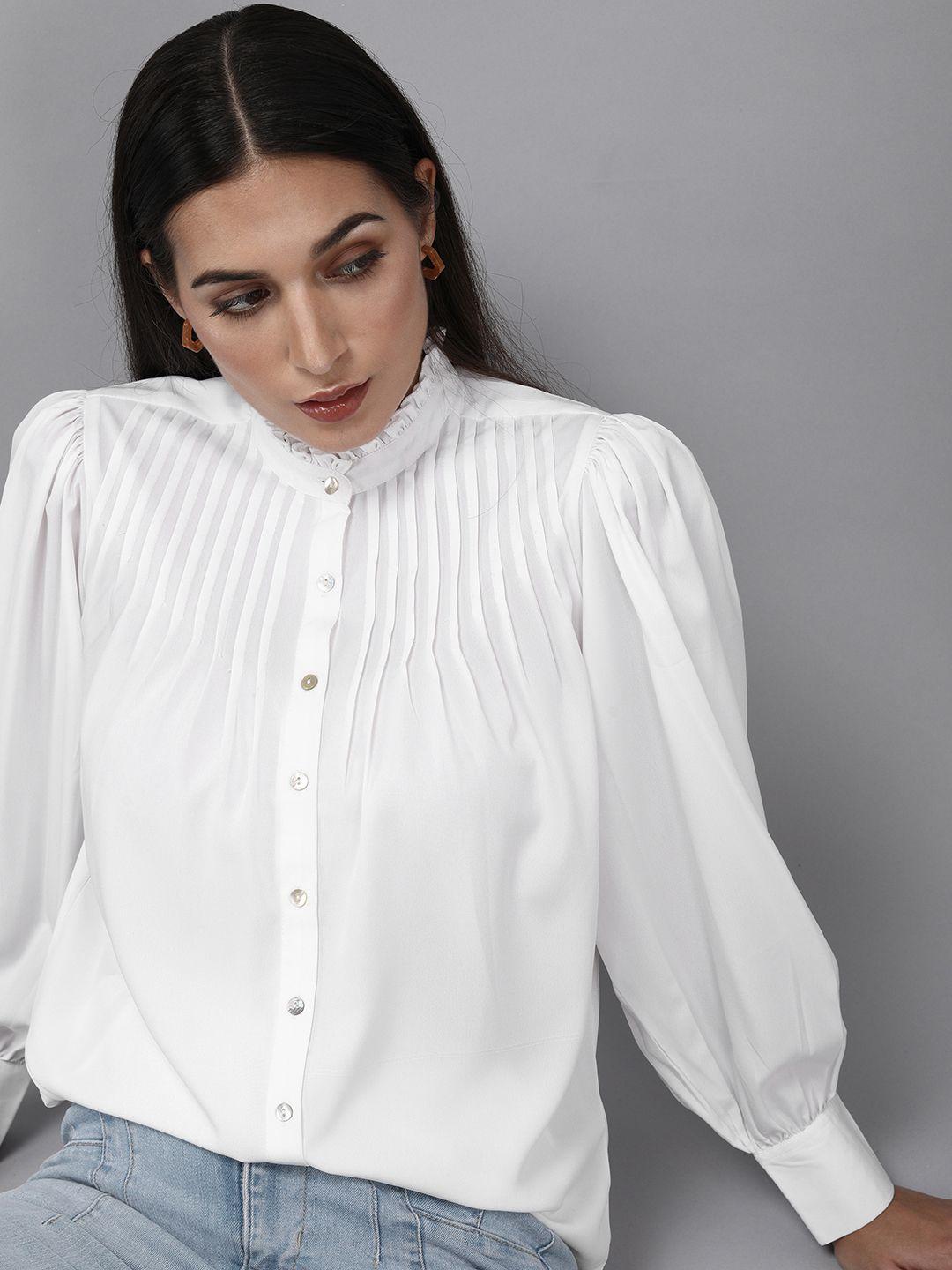 the roadster lifestyle co. women white pleated casual solid shirt