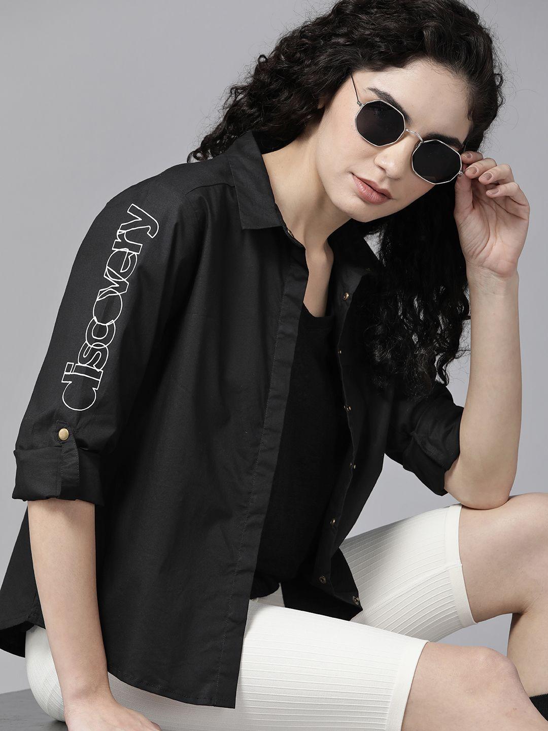 the roadster lifestyle co. x discovery women black solid casual shirt