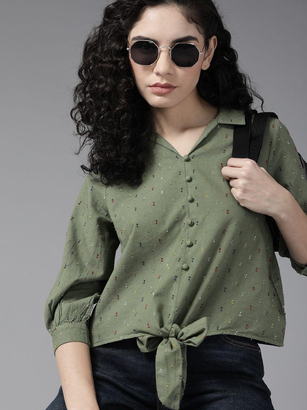 the roadster lifestyle co. x discovery women olive green pure cotton self design shirt