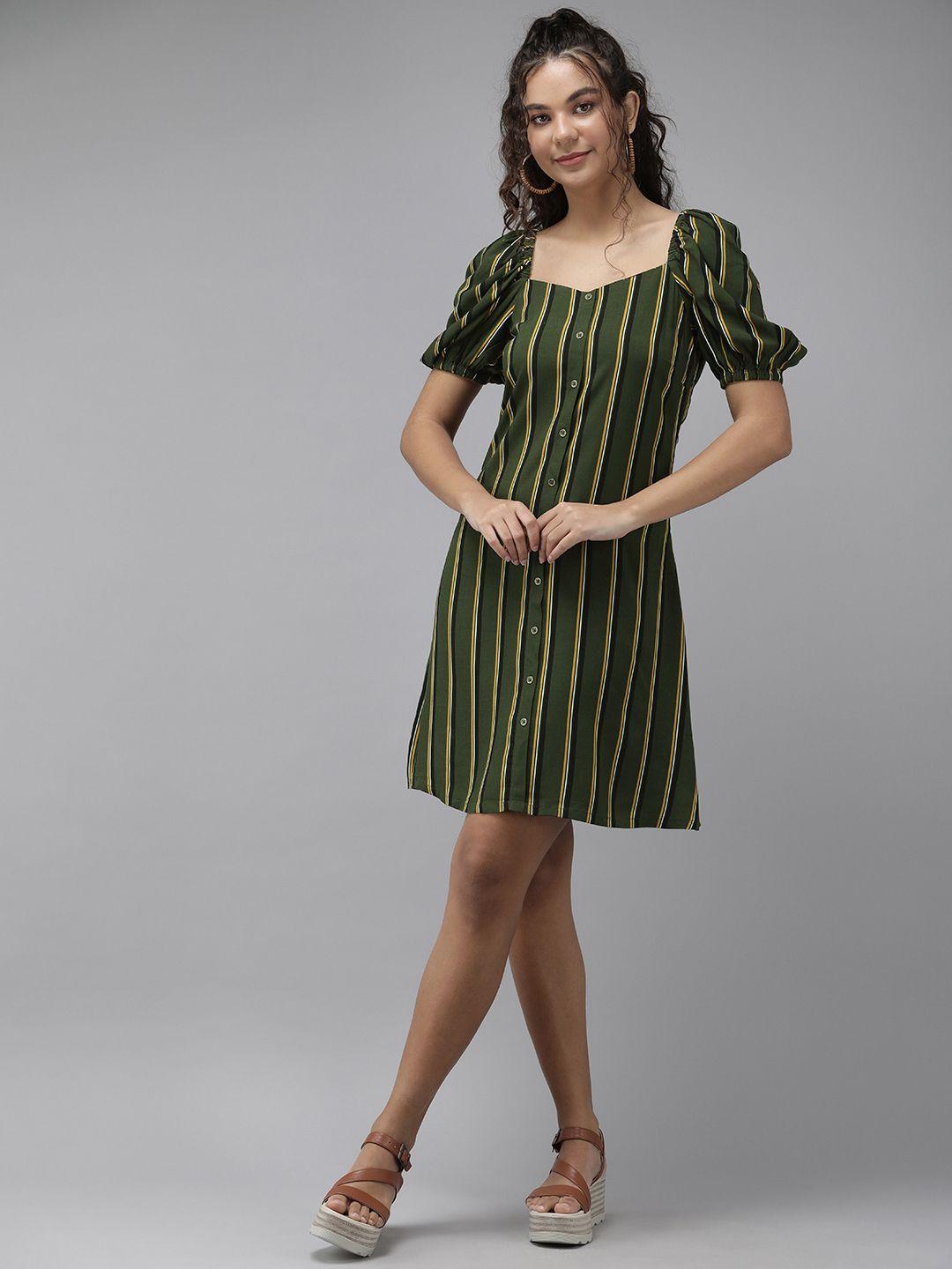 the roaster lifestyle co. women olive green & yellow striped a-line dress