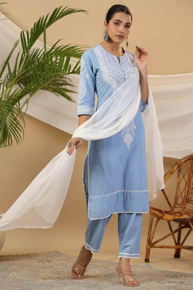 the rooh pure cotton blue ethnic motif printed kurta with pants and dupatta set with bead _ sequins work (3-pcs)