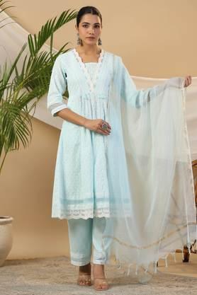 the rooh sky blue ethnic motif printed & laced pure cotton anarkali kurta with pants and dupatta set with tassels sequins & buttons (3-pcs) - sky blue