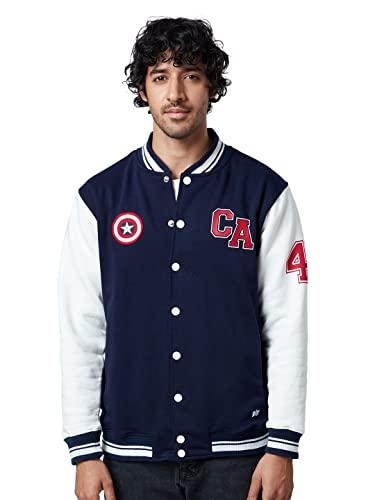 the souled store| official captain america: steve rogers mens and boys jackets|full sleeve|regular fit graphic printed | 60% cotton 40% polyester white & navy blue color men jackets