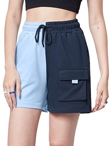 the souled store| solids: navy, powder blue colourblock women and girls shorts|regular fit colourblock|80% cotton 20% polyester blue & black color women lounge shorts