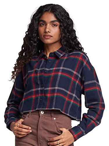 the souled store|collared neck plaid: red women cropped shirts|full sleeve solid|100% cotton multicolored cropped shirts