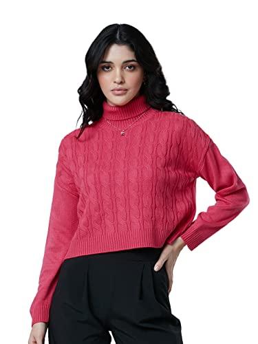 the souled store|knitted sweaterfuschia pink women and girl |full sleeve| regular fit solid| 100% acrylic pink color women turtle neck sweaters