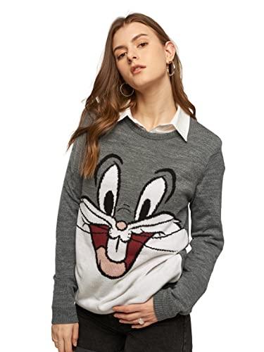 the souled store|official looney tunes: knitted bugs bunny sweater women and girl |full sleeve| regular fit graphic printed| 100% cotton grey and white color women knitted sweaters