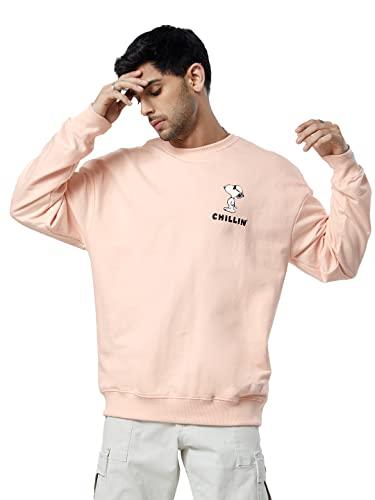 the souled store|official peanuts: chilling mens and boys sweatshirts|full sleeve|regular fit graphic printed| 60% cotton 40% polyester nude color men oversized sweatshirts