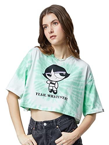 the souled store|official powerpuff girls: buttercup yeah whatever women and girl crop tops|half sleeve| loose fit graphic printed| 100% cotton white and green color women oversized crop tops