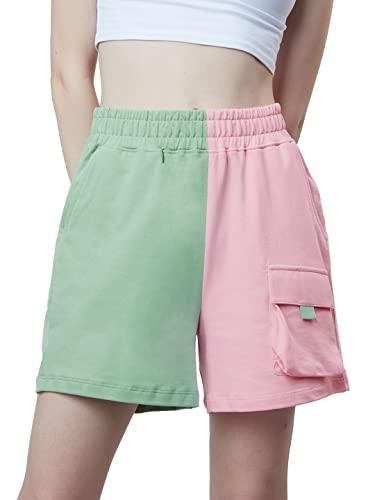 the souled store|solids: baby pink, green colourblock women and girls shorts| regular fit colourblock| 80% cotton 20% polyester green & pink color women lounge shorts