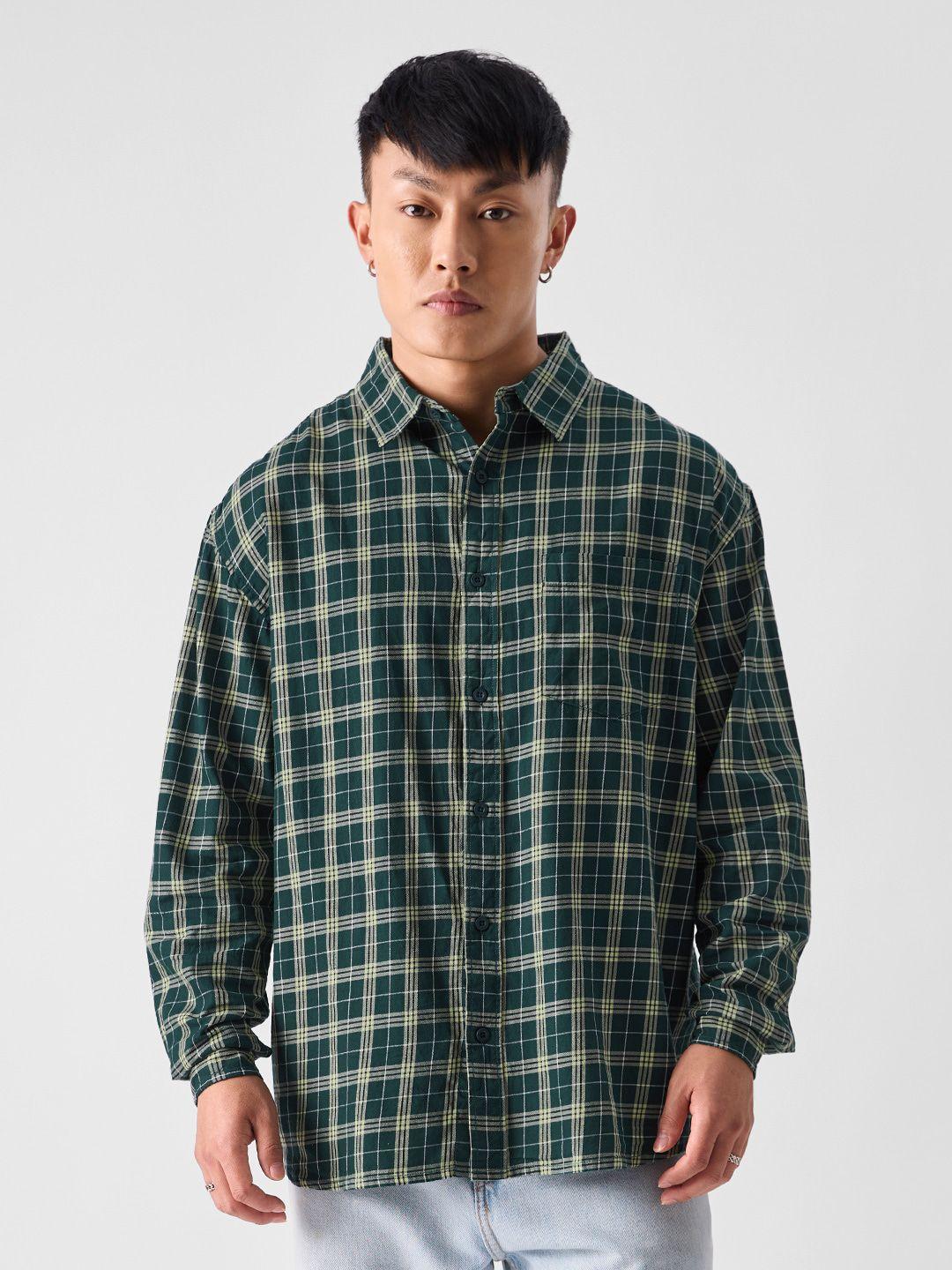 the souled store  green tartan checked printed spread collar cotton boxy fit casual shirt