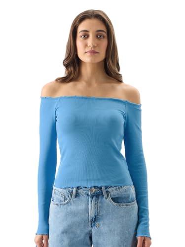 the souled store atlantic blue ribbed women and girls off shoulder neck 100% cotton slim fit full sleeves tops graphic tops casual fashion full sleeves round neck printed styles trendy abstract