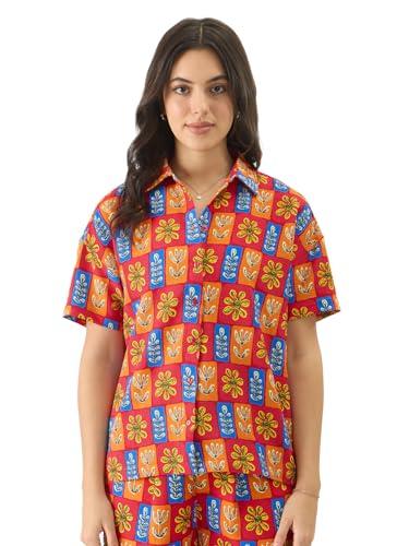 the souled store barbados women and girls short sleeve collared neck multicolor all over print button down oversized shirts casual summer wear outfit shirts for women soft comfortable cotton fabric