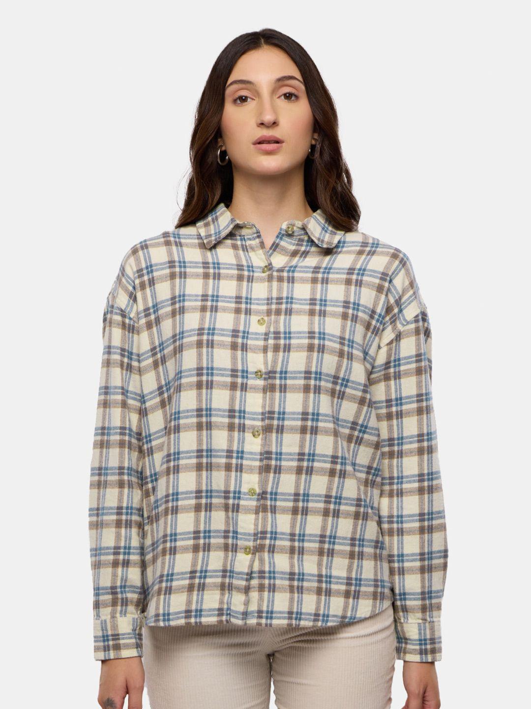 the souled store beige tartan checked drop shoulder sleeves cotton casual shirt
