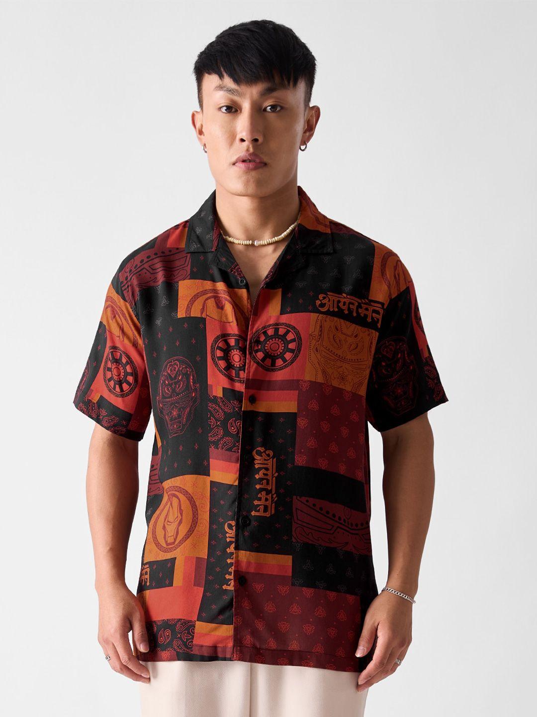 the souled store black & orange relaxed graphic iron man printed knitted casual shirt