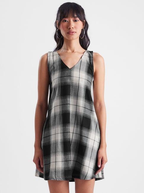 the souled store black & white cotton chequered a-line dress
