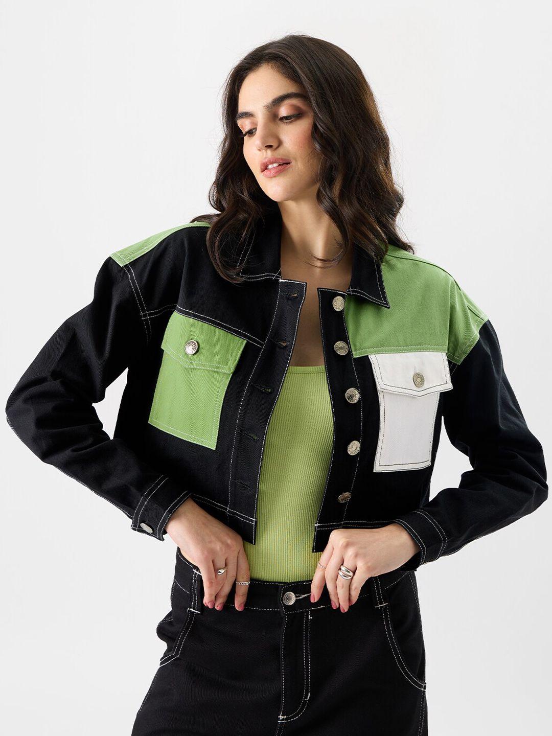 the souled store black colourblocked spread collar lightweight cotton crop denim jacket