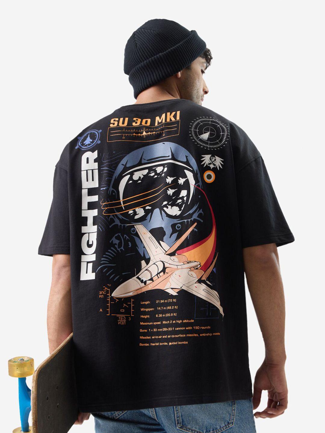 the souled store black fighter printed oversized pure cotton t-shirt