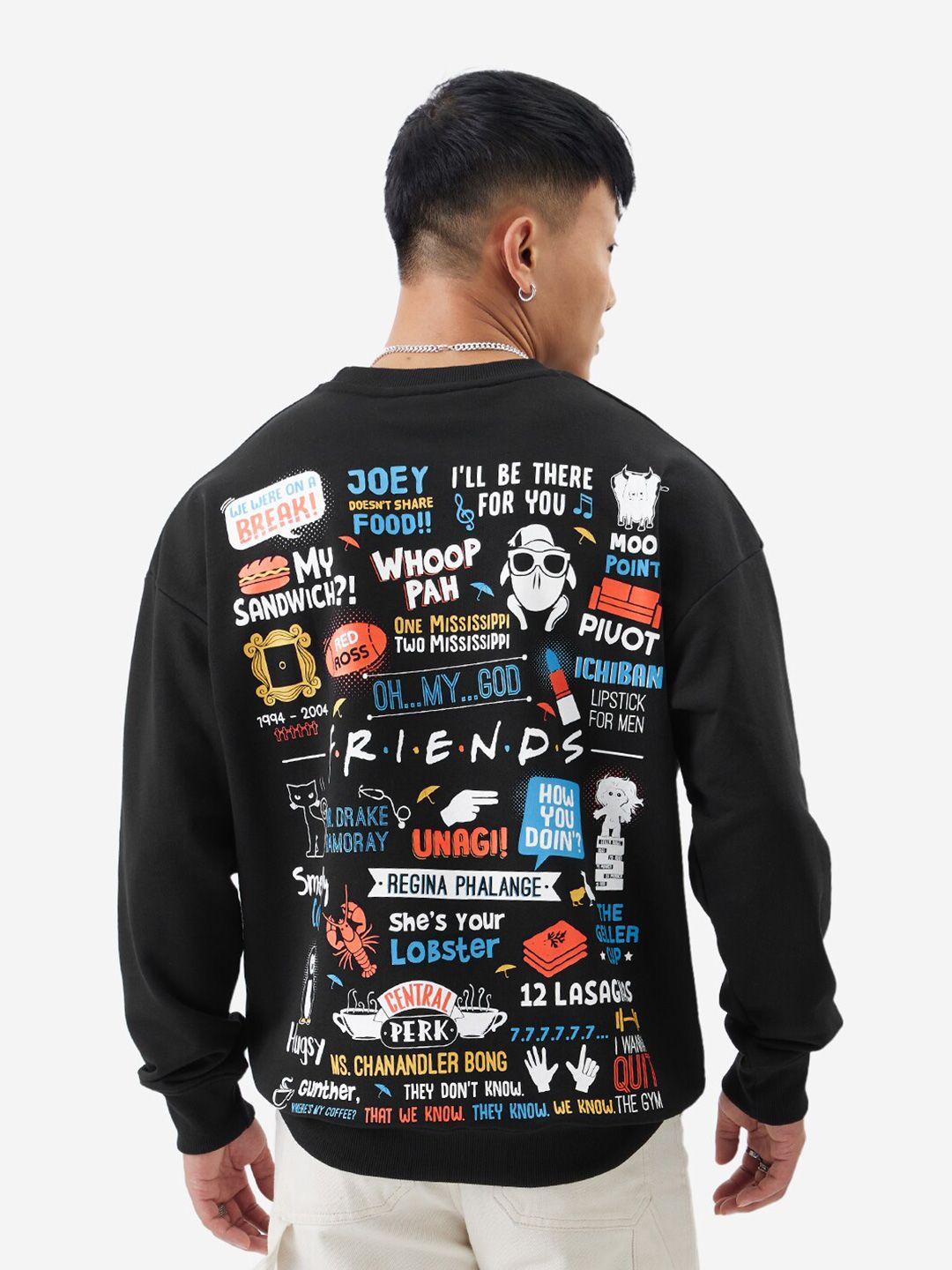 the souled store black friends printed drop-shoulder sleeves oversized sweatshirt