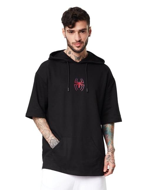 the souled store black loose fit spider-man: thwip hooded t-shirt