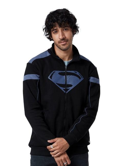 the souled store black regular fit high neck superman print jacket